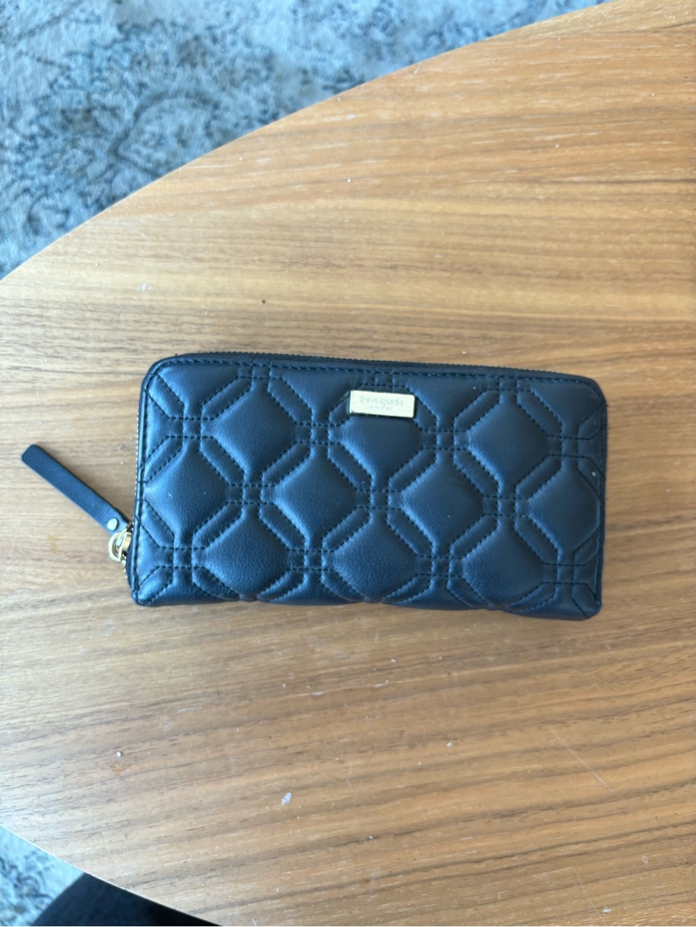 kate spade Black Quilted Zip Wallet with Gold Plaque